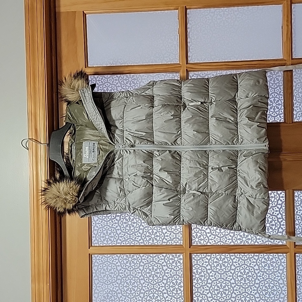 Eddie Bauer Gray Puffer Vest with Faux Fur Trim